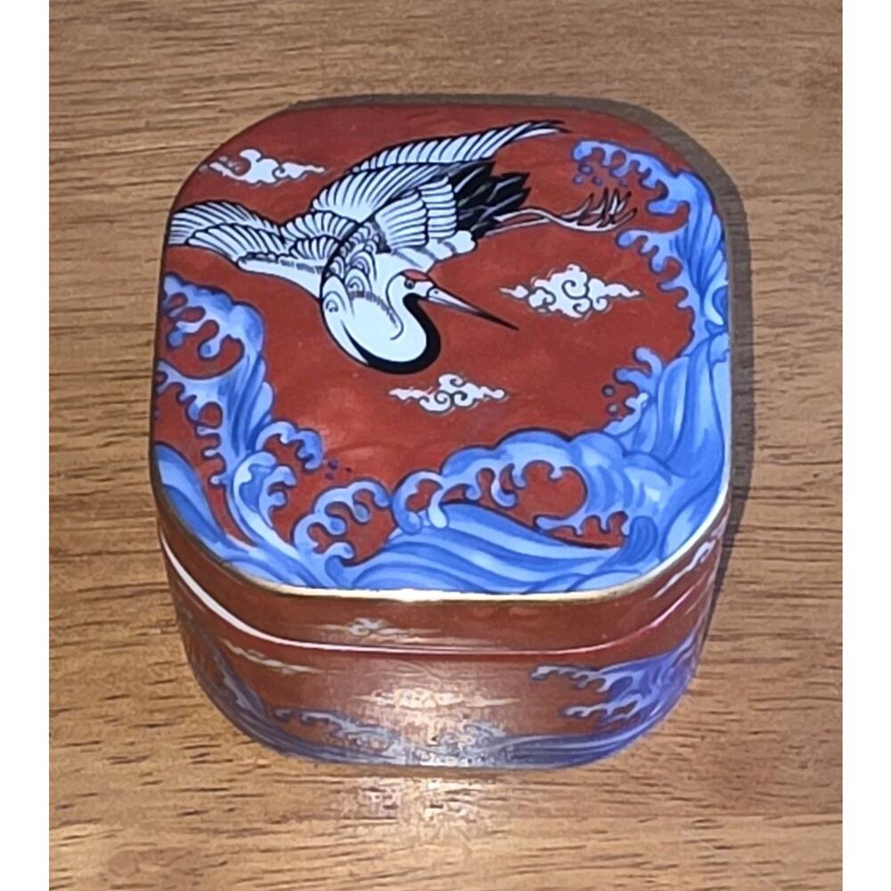Takahashi Lidded Trinket Box Crane Bird Ocean Square Porcelain Red Blue Japan